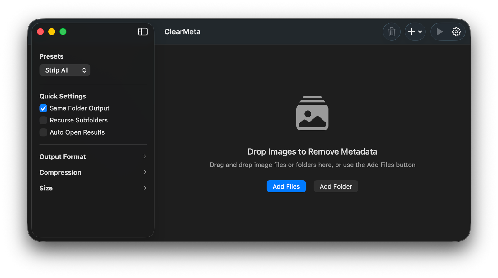 ClearMeta Main Interface - Dark Mode